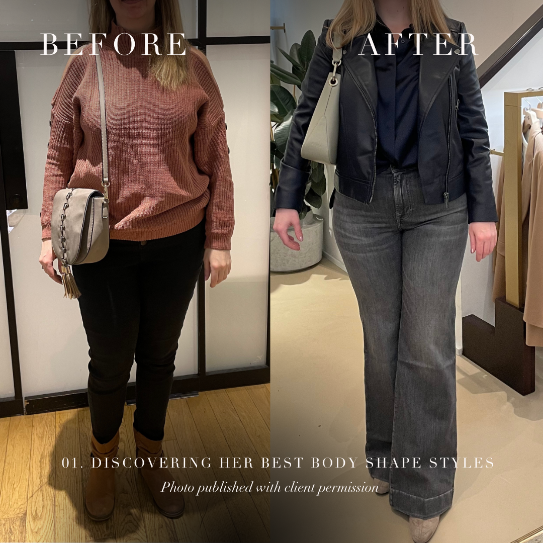 Pear body shape before and after transformation with Curate Your Style