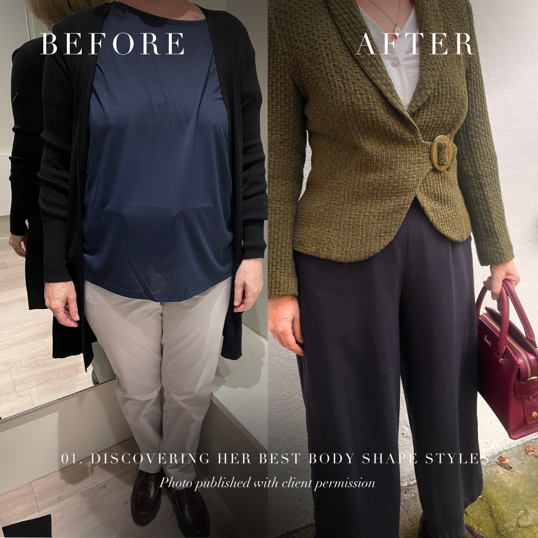 Pear body shape before and after transformation with Curate Your Style