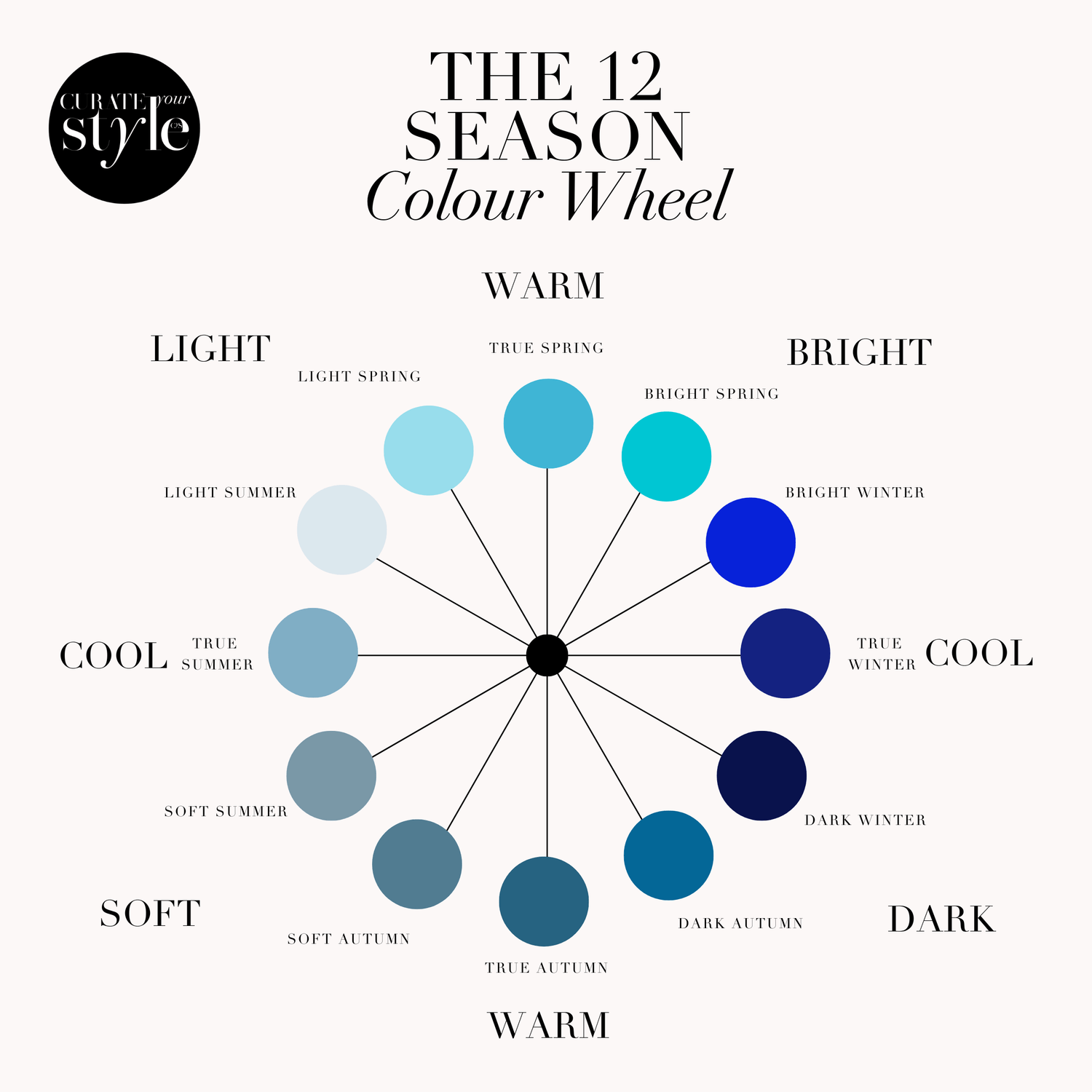12 Season Color Analysis Wheel showing seasonal types from Light Spring to Dark Winter used in personal styling