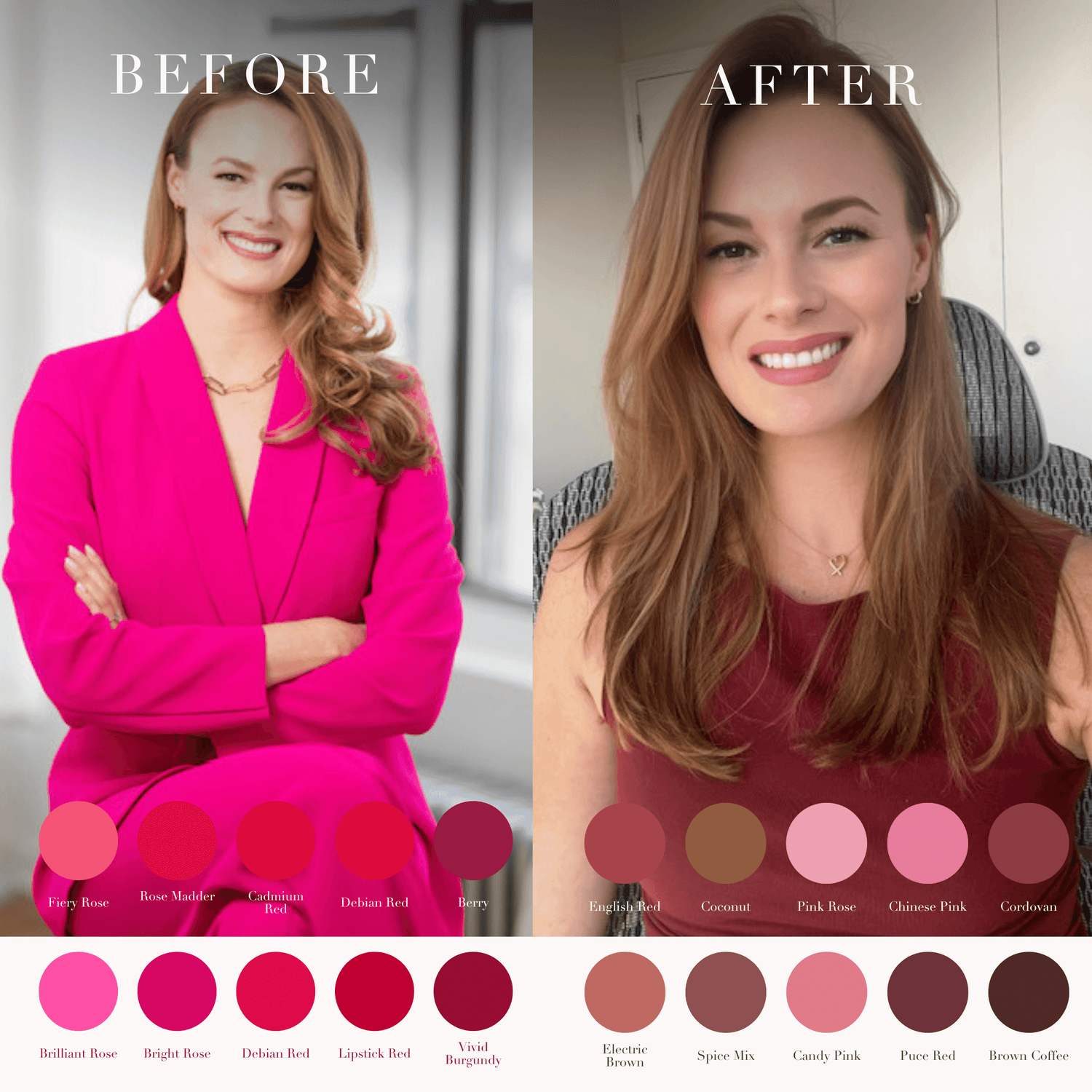 Before and after color analysis of a client showing style transformation with personalised seasonal colour palette