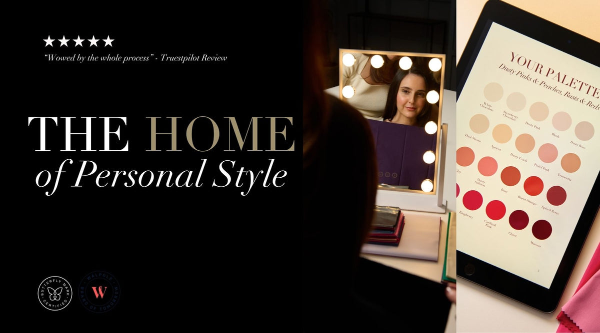 Woman having a personal colour analysis at a lit vanity mirror, with a Curate Your Style dusty pinks and peaches colour palette